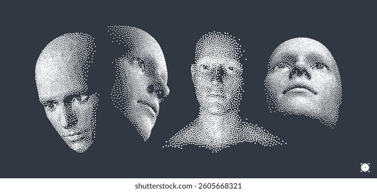 Four human faces constructing from particles. Network forming AI human face. Technology and robotics concept. Anonymous social masking. Cyber crime and cyber security vector illustration.