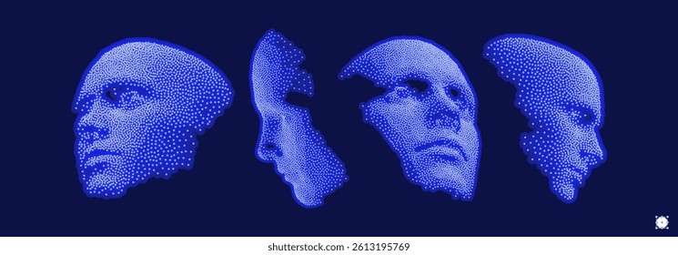 Four human faces constructing from particles. Network forming AI human face. Technology and robotics concept. Anonymous social masking. Cyber crime and cyber security vector illustration. 