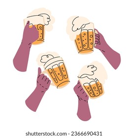 Four human hands with large mugs of foamy beer are extended for a toast. Celebrating a holiday, relaxing on the weekend with friends at the pub. Vector illustration isolated on white background.