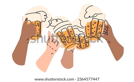 Four human hands with large mugs of foamy beer are extended for a toast. Celebrating a holiday, relaxing on the weekend with friends at the pub. Vector illustration isolated on white background.
