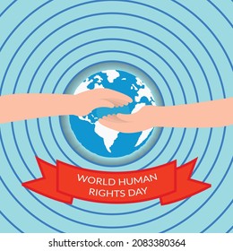 Four human hands support each other on International Human rights day. Diverse races people united for social freedom and peace. Human right day concept. International peace.
