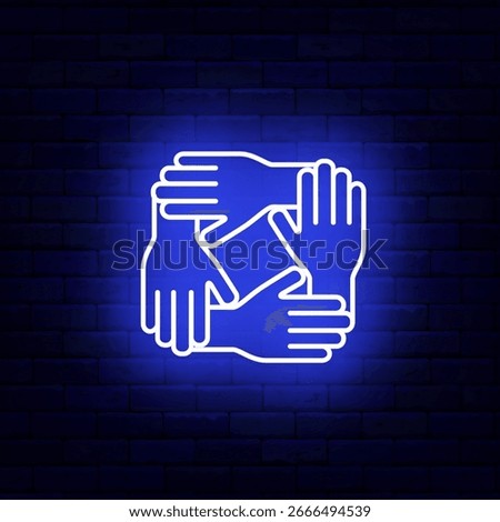 Four human hands together neon icon. Sports team. Command work. Help support. Vector stock illustration