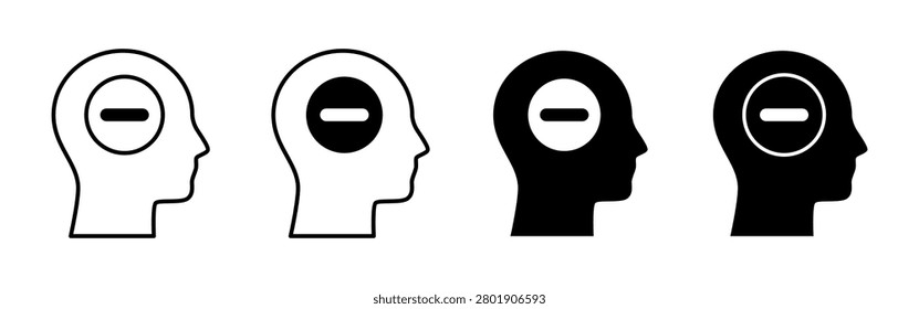 Four human head silhouettes featuring negative symbols representing various mental states or emotions.