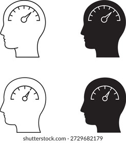 Four human head silhouettes with gauges on their foreheads, two in black and white, two in color