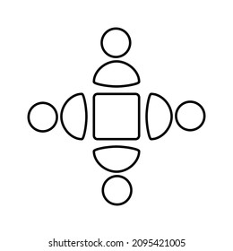 Four human silhouettes around a square table. Concept for conference, conversation, meeting. Simple outline black and white vector icon in modern minimal style with thin lines. Editable line thickness