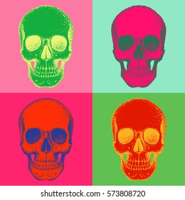 four human skull with lower jaw drawn in dots, picture in a pop art style