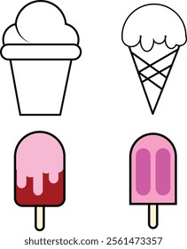 four ice cream vector, 2 colored, 2 black and white