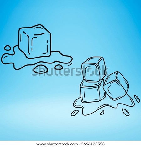 Four ice cubes. melted clear ice cubes with water photo, graphic, vector, illustration, isolated design on a azure background.