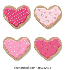 Four iced cookies over white background,  decorated for Valentine's Day.. EPS10 vector format