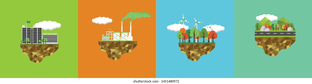 Four icon of environmental town, Industrial, Energy reform, and travel to nature. Floating on an island that saw the ground separated.