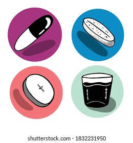 Four icon set with color circles and black and white pill varieties for stickers,icons,logos,web,design.
