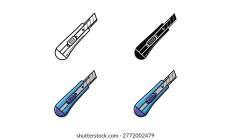 Four icon styles of a utility knife or box cutter: outline, black silhouette, and two 3D rendered blue variations, useful for tools, cutting, and DIY concepts.