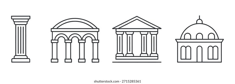 Four iconic architectural features are presented as minimalist line drawings, emphasizing form and design.