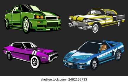 Four Iconic Cars Illustrated This image showcases four distinct and stylish