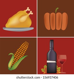 four icons with colors related to thanksgiving day in brown red background