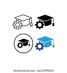 four icons combining graduation cap symbols with gears, reflecting the theme of education and innovation. suitable for use in materials on skills development, technical education.