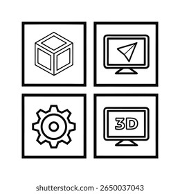 Quatre Icônes: Cube, écran avec plan papier, engrenage, forme géométrique de l'écran 3D