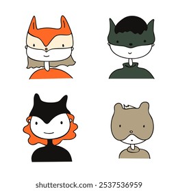 Four icons with cute young people in animal costumes. Icons with furry in orange, beige, black and greyish colours