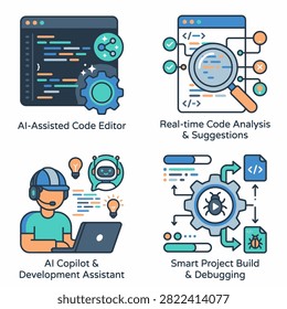 Four icons depict AI in software development, including code editing, analysis, assistance, and debugging.
