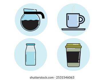 Four icons depict beverages: a coffee pot, a cup of coffee, a milk bottle, and a takeaway coffee cup.