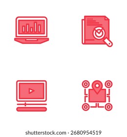 Quatro ícones representam a análise de dados, a revisão de relatórios, a reprodução de vídeos e o controle de locais, representando vários processos de negócios digitais.