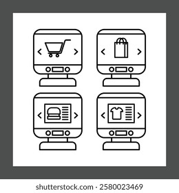 four icons depicting different types of online shopping displayed on computer screens