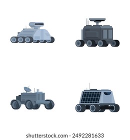 Four icons depicting various designs of autonomous military vehicles in a flat style