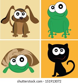 four icons of different animals in a yellow background