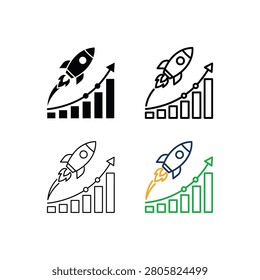 Four icons feature rockets launching beside upward trending bar charts