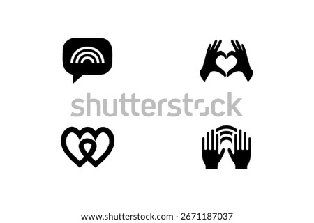 Four icons featuring a rainbow in a speech bubble intertwined hearts hands forming a heart hands