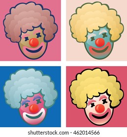 Four Icons of Funny Clown Face Changing Pop Art Colors with Unchangeable Red Bubble Nose - Blue Pink Red Turquoise Yellow Elements on Colored Background - Gradient Comics Style