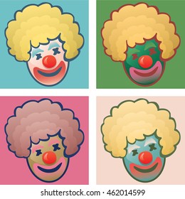 Four Icons of Funny Clown Face Changing Pop Art Colors with Unchangeable Red Bubble Nose - Green Blue Pink Red Turquoise Elements on Colored Background - Gradient Comics Style