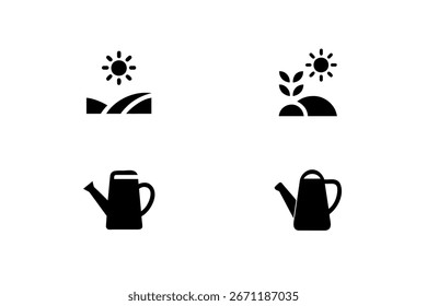 Cuatro iconos de jardinería Elementos planta solar regar latas Vector