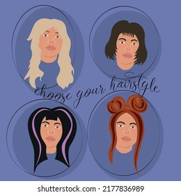 Four icons of girls with different hairstyles and hair colors: blonde, brunette, brunette with pink locks, a redhead with muzzles on violet background with an inscription "Choose your hairstyle".