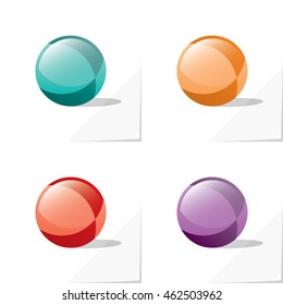 Four Icons of Glossy Toy Ball Colored Monochrome Combinations - Orange Purple Red Turquoise Elements on White Natural Paper Effect Background - Gradient Comics Style
