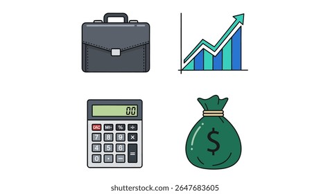 Quatro ícones: uma pasta cinza, um gráfico azul e verde evoluindo, uma calculadora exibindo "00", e um saco de dinheiro verde com um símbolo de dólar.