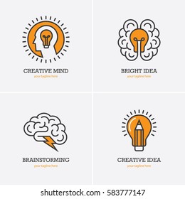 Four icons with human head, brain and light bulb for creative idea, thinking, brainstorming logo concept
