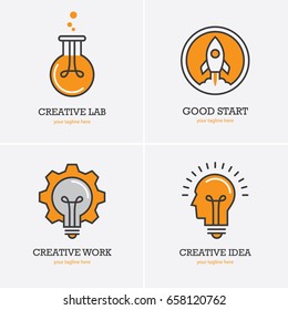 Four icons with human head, rocket and light bulb for creative idea, work or solution logo concept. Business start up symbol.