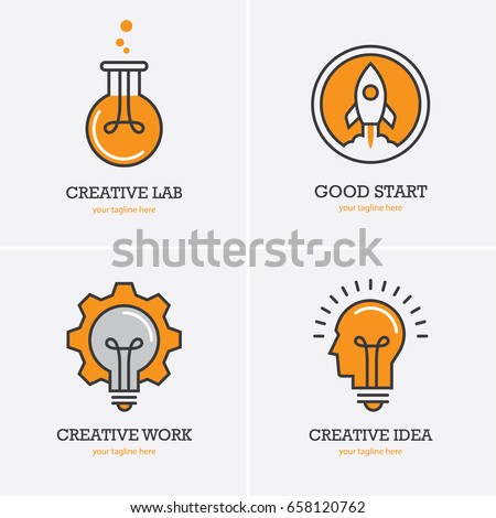 Four icons with human head, rocket and light bulb for creative idea, work or solution logo concept. Business start up symbol.