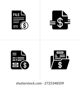 Cuatro iconos ilustran documentos de archivo que muestran signos de dólar, creados en negro sólido contra un fondo blanco crudo.