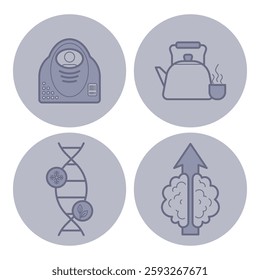 Four icons including MRI scanner, teapot with steam, DNA strand with plant elements, and upward arrow signaling growth or improvement