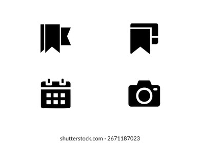 Four icons including two bookmarks a calendar a camera symbol