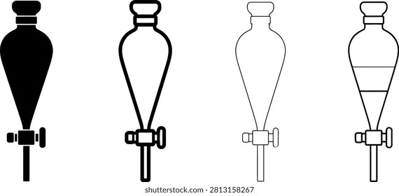 Four icons of laboratory separatory funnels displaying solid black and outlined styles isolated on a white background