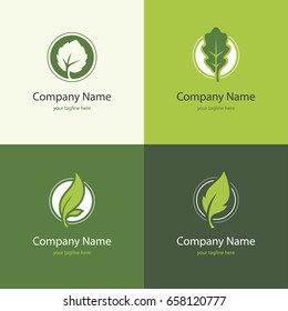 Four icons with leaves in a shape of circle. Natural, floral, eco, bio or organic product logo concept. Green leaf abstract symbol.