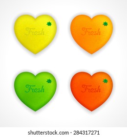 Four icons - lemon, lime, orange and grapefruit in the form of heart with inscription. Fresh design concept