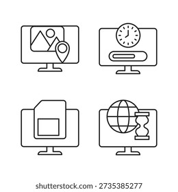 Four icons of location sim card and globe