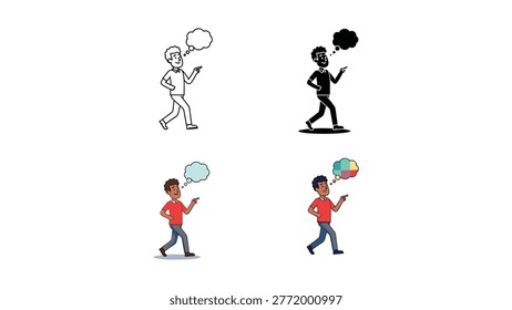 Four icons of a man walking with a thought bubble, shown in line art, silhouette, and two different color styles.