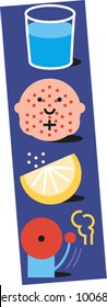 Four icons on a blue background: a glass of water, a baby the measles, a squirting lemon and a ringing smoke alarm