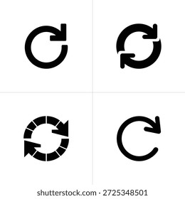 Quatro ícones na grade com ícones de seta circulares. Os símbolos são pretos e apontados no sentido horário, representando atualizar, recarregar ou girar no layout transparente.