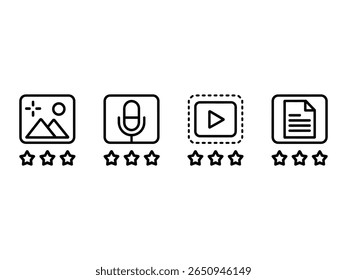 Four icons with an outline style are displayed, each representing different media types image, microphone, video, and document, all rated with three stars.